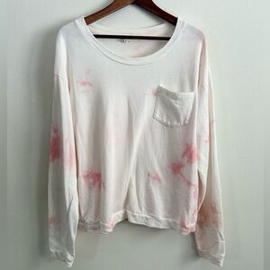 POL White Tie Dye Sweatshirt Large Pink Distressed Pocket Top Boho